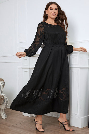 Woochic robe grande taille col en rond dentelle cintrée manches longues noir 1XL